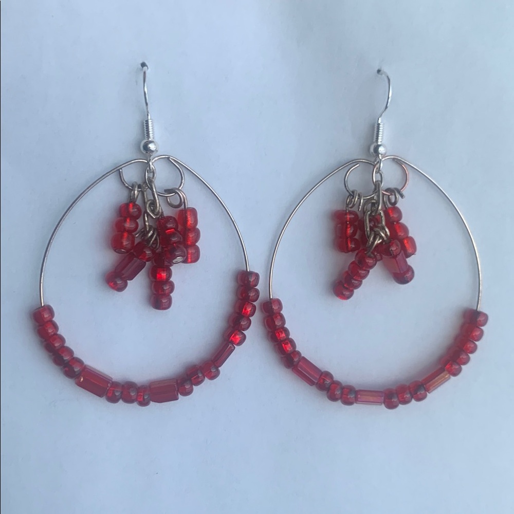 Elegant Ruby Red Glass Bead Handmade Hoop Earrings